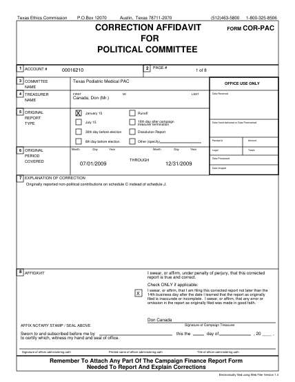 27751614-box-12070-austin-texas-78711-2070-512463-5800-correction-affidavit-for-political-committee-1-account-2-00016210-3-committee-name-first-cor-pac-1-of-8-texas-podiatric-medical-pac-4-treasurer-name-page-form-1-800-325-8506-office-use