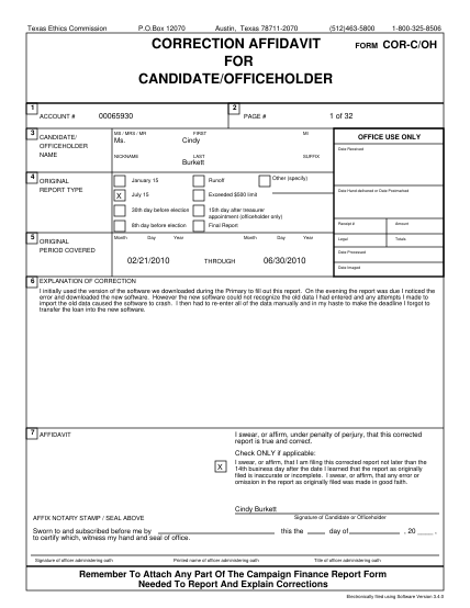27753070-box-12070-austin-texas-78711-2070-512463-5800-correction-affidavit-for-candidateofficeholder-1-cor-coh-2-00065930-account-3-form-1-800-325-8506-candidate-officeholder-name-1-of-32-page-ms-mrs-mr-first-ms
