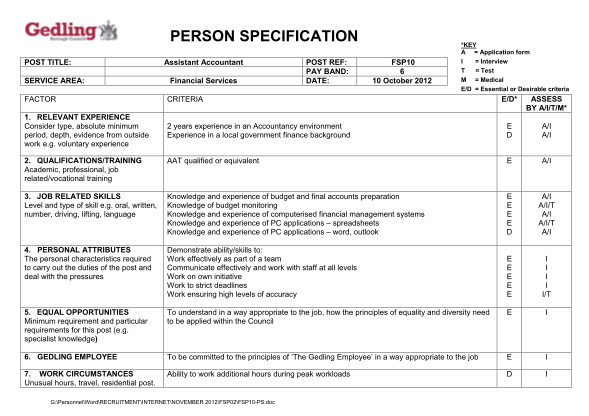 278766473-person-specification-post-title-service-area-assistant-accountant-financial-services-post-ref-pay-band-date-fsp10-6-10-october-2012-key-a-application-form-i-interview-t-test-m-medical-ed-essential-or-desirable-criteria-ed-gedling