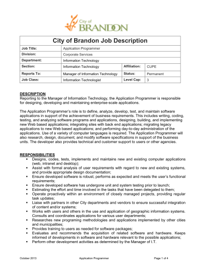 279615376-city-of-brandon-job-description-job-title-application-programmer-division-corporate-services-department-information-technology-section-information-technology-affiliation-cupe-reports-to-manager-of-information-technology-status