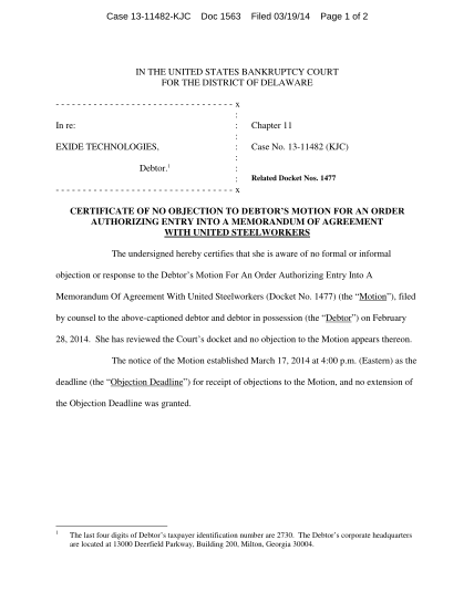 287287212-case-1311482kjc-doc-1563-filed-031914-page-1-of-2-in-the-united-states-bankruptcy-court-for-the-district-of-delaware-x-in-re-exide-technologies-1-debtor