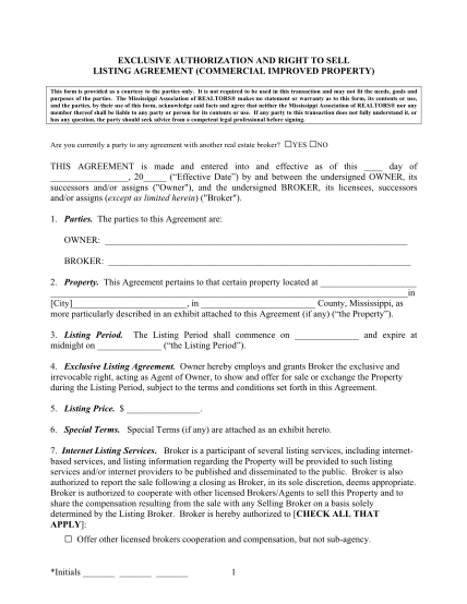 287978-fillable-exclusive-authorization-and-right-to-sell-listing-agreement-for-mississippi-2011-form