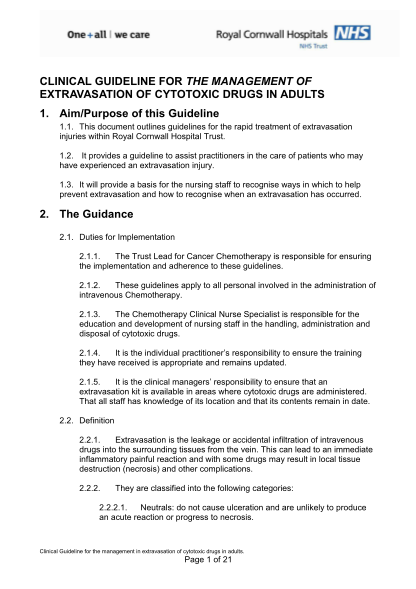 288479861-clinical-guideline-for-the-management-of-extravasation-of-cytotoxic-drugs-in-adults-this-document-outlines-guidelines-for-the-rapid-treatment-of-extravasation-injuries-and-provides-a-guideline-to-assist-practitioners-in-the-care-of-pa