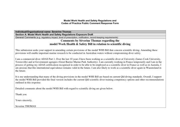 28942454-model-work-health-and-safety-regulations-and-codes-of-practice-public-comment-response-form-individualorganisational-name-severine-thomas-section-a-model-work-health-and-safety-regulations-exposure-general-comments-e