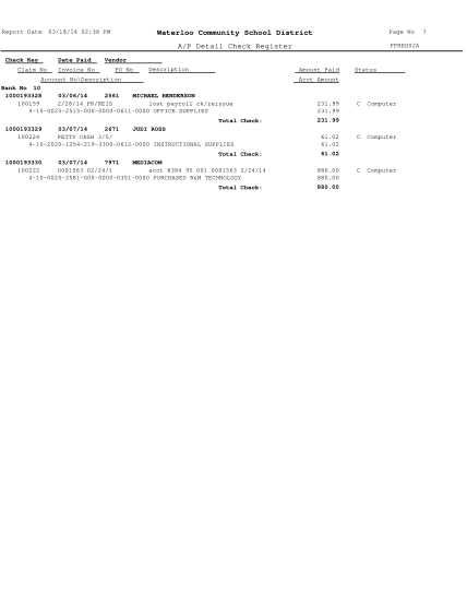 294981785-report-date-031814-0238-pm-page-no-waterloo-community-school-district-fpreg02a-ap-detail-check-register-check-key-date-paid-claim-no-invoice-no-vendor-po-no-description-amount-paid-account-nodescription-status-acct-amount-bank-no-10