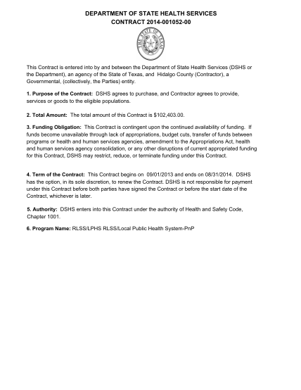 296241238-department-of-state-health-services-contract-201400105200-this-contract-is-entered-into-by-and-between-the-department-of-state-health-services-dshs-or-the-department-an-agency-of-the-state-of-texas-and-hidalgo-county-contractor-a
