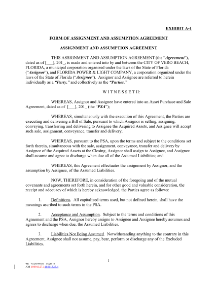 29704896-exhibit-a-1-form-of-assignment-and-assumption-agreement-assignment-and-assumption-agreement-this-assignment-and-assumption-agreement-the-agreement-dated-as-of-201-is-made-and-entered-into-by-and-between-the-city-of-vero-beach