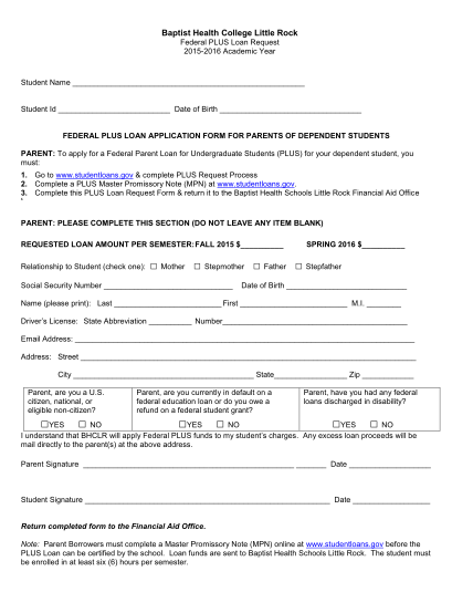 298053207-baptist-health-college-little-rock-federal-plus-loan-request-20152016-academic-year-student-name-student-id-date-of-birth-federal-plus-loan-application-form-for-parents-of-dependent-students-parent-to-apply-for-a-federal-parent-loan-f