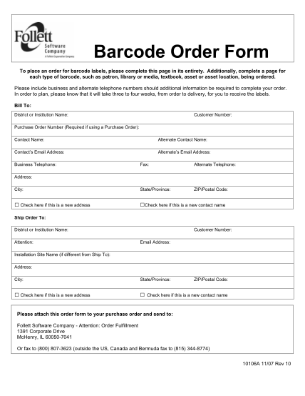 Follett Barcode Order Form