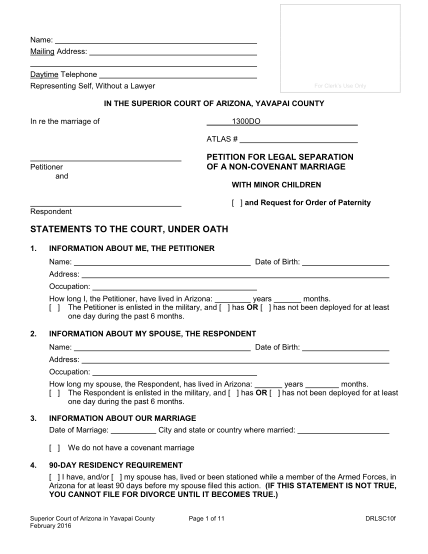 308975921-name-mailing-address-daytime-telephone-representing-self-without-a-lawyer-for-clerks-use-only-in-the-superior-court-of-arizona-yavapai-county-in-re-the-marriage-of-1300do-atlas-petition-for-legal-separation-of-a-noncovenant-marriage