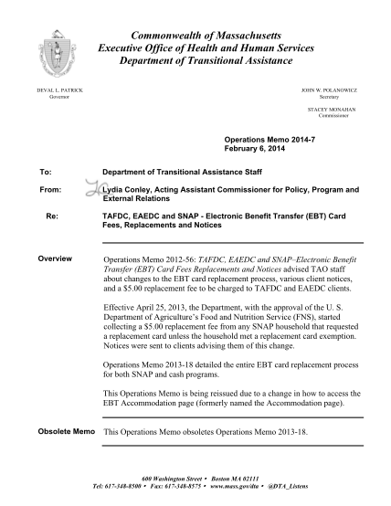 309098337-polanowicz-secretary-stacey-monahan-commissioner-operations-memo-20147-february-6-2014-to-department-of-transitional-assistance-staff-from-lydia-conley-acting-assistant-commissioner-for-policy-program-and-external-relations-re-tafdc