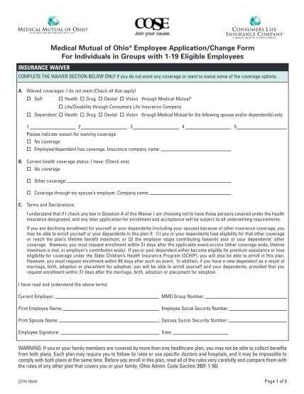 313421861-z2791-cose-employee-app-r9-09layout-1-12309-1133-am-page-1-medical-mutual-of-ohio-employee-applicationchange-form-for-individuals-in-groups-with-119-eligible-employees-insurance-waiver-complete-the-waiver-section-below-only-if-you-do