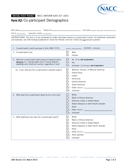 314114841-init-ial-visit-pa-ck-et-na-cc-uniform-d-ata-set-u-d-s-form-a2-coparticipant-demographics-adc-name-visit-subject-id-form-date-examiners-initials-instructions-this-form-is-to-be-completed-by-intake-interviewer-based-on-alz