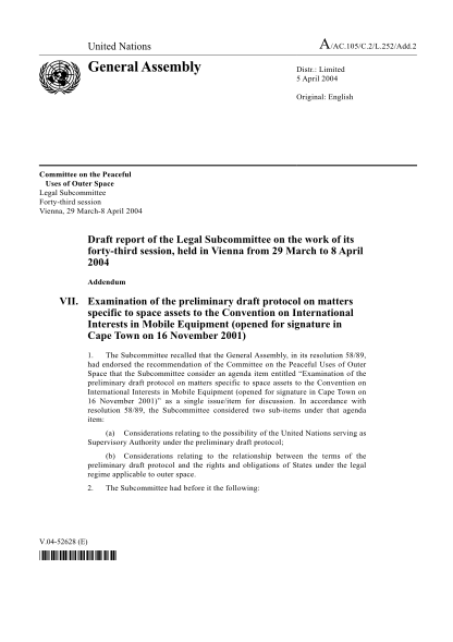 316626727-limited-5-april-2004-original-english-committee-on-the-peaceful-uses-of-outer-space-legal-subcommittee-fortythird-session-vienna-29-march8-april-2004-draft-report-of-the-legal-subcommittee-on-the-work-of-its-fortythird-session-held-in