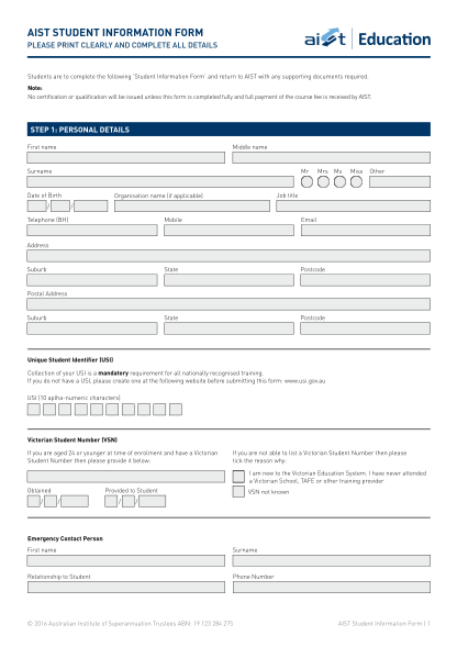 318096066-aist-student-information-form-please-print-clearly-and-complete-all-details-students-are-to-complete-the-following-student-information-form-and-return-to-aist-with-any-supporting-documents-required-aist-asn