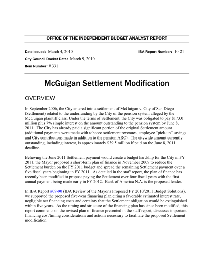 319732646-office-of-the-independent-budget-analyst-report-date-issued-march-4-2010-city-council-docket-date-item-number-iba-report-number-1021-march-9-2010-331-mcguigan-settlement-modification-overview-in-september-2006-the-city-entered-into
