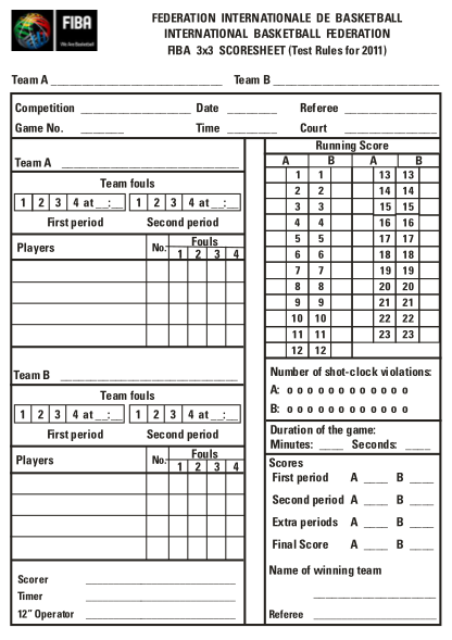 Fiba Running Score Sheet