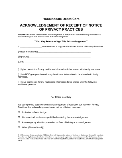 319858416-robbinsdale-dentalcare-acknowledgement-of-receipt-of-notice-of-privacy-practices-purpose-this-form-is-used-to-obtain-acknowledgement-of-receipt-of-our-notice-of-privacy-practices-or-to-document-our-goodfaith-effort-to-obtain-that