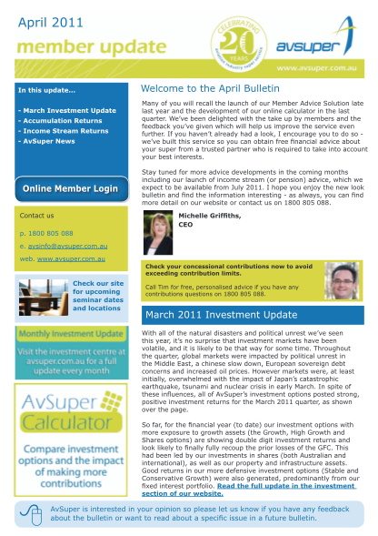 320080195-avsuper-member-bulletin-april-2011-avsupers-member-bulletin-for-april-2011-discusses-investment-returns-current-investment-movements-a-change-of-administrator-and-the-impact-of-japans-disasters