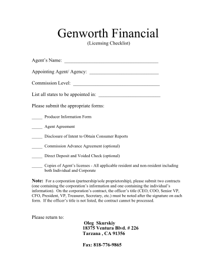 320401414-genworth-financial-licensing-checklist-agents-name-appointing-agent-agency-commission-level-list-all-states-to-be-appointed-in-please-submit-the-appropriate-forms-producer-information-form-agent-agreement-disclosure-of-intent-to