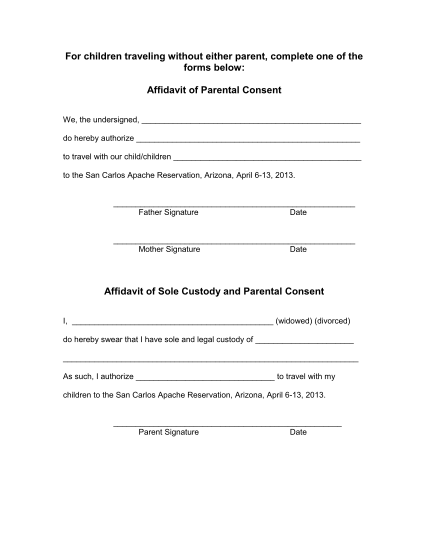 55 affidavit of parental consent for travel of a minor child - Free to ...