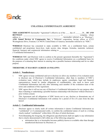 32298293-unilateral-nondisclosure-agreement-for-disclosure-to-ndc-nitinol