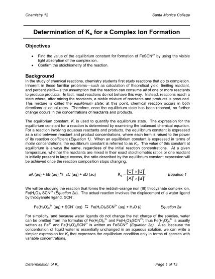 324162241-chemistry-12-santa-monica-college-determination-of-kc-for-a-complex-ion-formation-objectives-find-the-value-of-the-equilibrium-constant-for-formation-of-fescn2-by-using-the-visible-light-absorption-of-the-complex-ion-smc