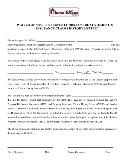 324424657-waiver-of-seller-property-disclosure-statement-and-insurance-claims-history-letter