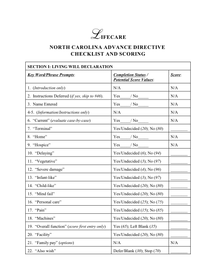 33393790-l-ifecare-north-carolina-advance-directive-checklist-and-scoring-section-i-living-will-declaration-key-wordphrase-prompts-completion-status-potential-score-values-score-1
