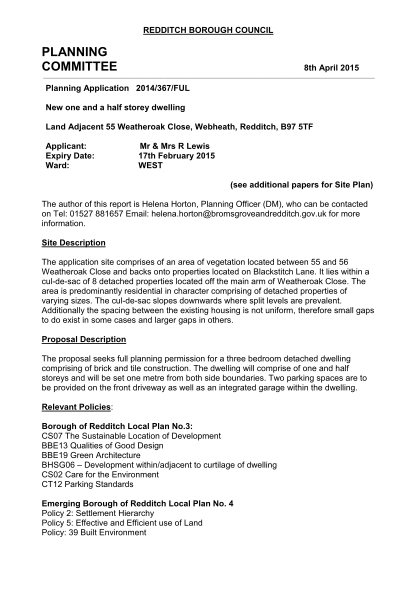 335286514-redditch-borough-council-planning-committee-8th-april-2015-planning-application-2014367ful-new-one-and-a-half-storey-dwelling-land-adjacent-55-weatheroak-close-webheath-redditch-b97-5tf-applicant-expiry-date-ward-mr-ampamp