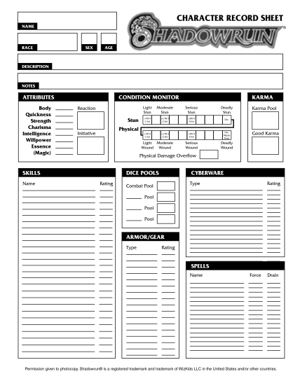 shadowrun 6 character sheet as form fillable pdf : r/Shadowrun