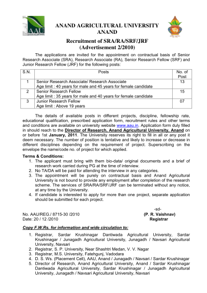33740819-anand-agricultural-university-anand-recruitment-of-srarasrfjrf-advertisement-22010-the-applications-are-invited-for-the-appointment-on-contractual-basis-of-senior-research-associate-sra-research-associate-ra-senior-research