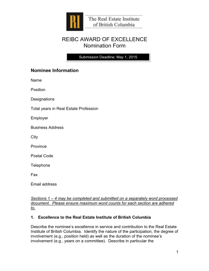 338565059-reibc-award-of-excellence-nomination-form-submission-deadline-may-1-2015-nominee-information-name-position-designations-total-years-in-real-estate-profession-employer-business-address-city-province-postal-code-telephone-fax-email-addr