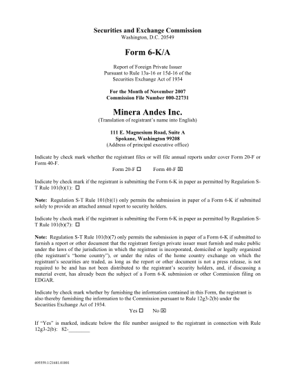 33988570-20549-form-6-ka-report-of-foreign-private-issuer-pursuant-to-rule-13a-16-or-15d-16-of-the-securities-exchange-act-of-1934-for-the-month-of-november-2007-commission-file-number-000-22731-minera-andes-inc