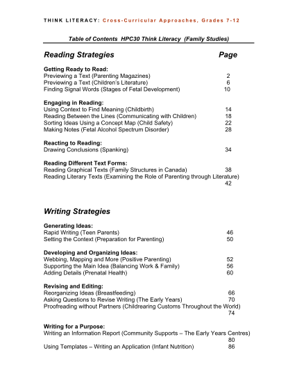 340812108-think-literacy-crosscurricular-approaches-grades-712-table-of-contents-hpc30-think-literacy-family-studies-reading-strategies-page-getting-ready-to-read-previewing-a-text-parenting-magazines-previewing-a-text-childrens-literature