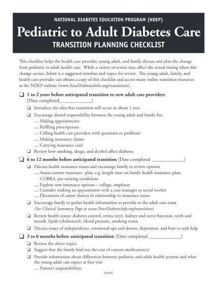 350461468-national-diabetes-education-program-ndep-pediatric-to-adult-diabetes-care-transition-planning-checklist-this-checklist-helps-the-health-care-provider-young-adult-and-family-discuss-and-plan-the-change-from-pediatric-to-adult-health-ca