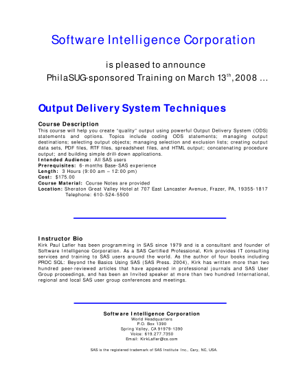 351567235-output-delivery-system-techniques-course-announcementpdf-copyright-2008-by-kirk-paul-lafler-and-software-intelligence-corporation-philasug