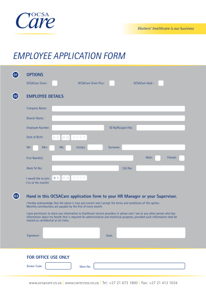 351826067-workers-healthcare-is-our-business-employee-application-form-01-options-ocsacare-silver-02-ocsacare-silver-plus-ocsacare-gold-employee-details-company-name-branch-name-employee-number-date-of-birth-mr-id-nopassport-no-d-d-mrs-m