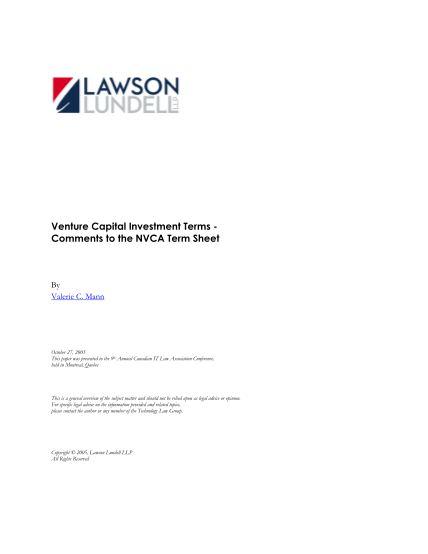 35359249-venture-capital-investment-terms-comments-to-the-nvca-term-sheet-paper-presented-to-the-9th-annual-canadian-it-law-association-conference-oct-2005