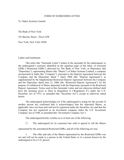 35610900-form-of-surrender-letter-to-subex-systems-limited-the