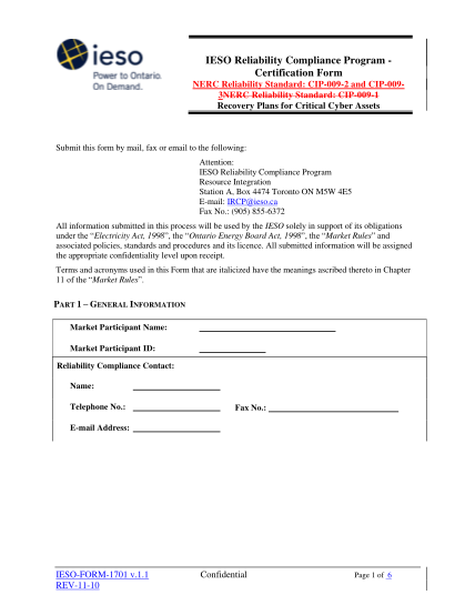 35656381-ieso-reliability-compliance-program-certification-form-nerc-reliability-standard-cip-009-2-and-cip-0093nerc-reliability-standard-cip-009-1-recovery-plans-for-critical-cyber-assets-submit-this-form-by-mail-fax-or-email-to-the-following