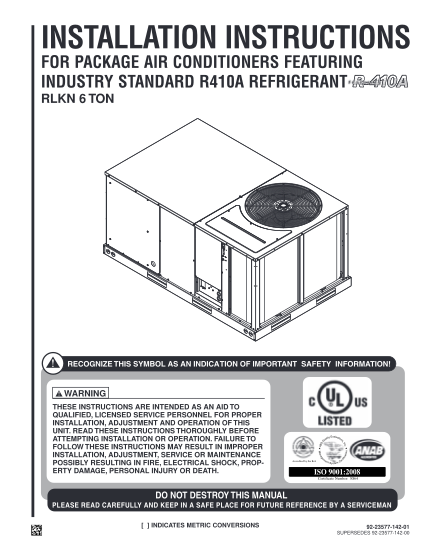 356998050-92-23577-142-rev-01-rlkn-6-ton-air-conditioning-package-unit-installation-instructions-rlkn-6-ton-air-conditioning-package-unit-installation-instructions-revision-01