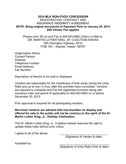 374460584-2014-mlk-nonfood-concession-registration-contract-and-insurance-indemnity-agreement-note-bring-original-documents-to-kapiolani-park-on-january-20-2014-50-vendor-fee-applies-please-print-fill-out-and-fax-to-808-6939982-oahu-or-mail