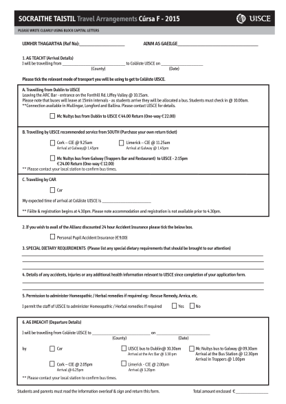 376767494-socraithe-taistil-travel-arrangements-crsa-f-2015-please-write-clearly-using-block-capital-letters-uimhir-thagartha-ref-no-ainm-as-gaeilge-1-uisce