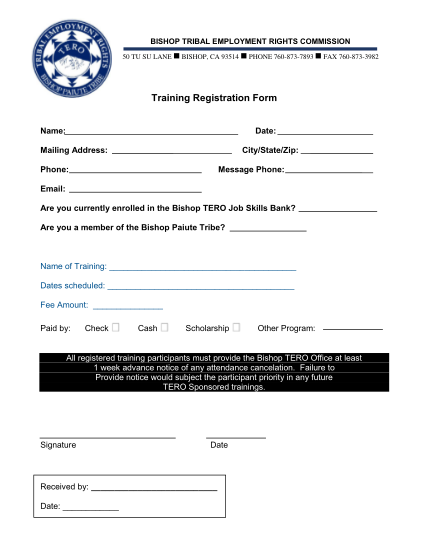 377830872-bishop-tribal-employment-rights-commission-50-tu-su-lane-bishop-ca-93514-phone-7608737893-fax-7608733982-training-registration-form-name-date-mailing-address-citystatezip-phone-message-phone-email-are-you-currently-enrolled-in-the