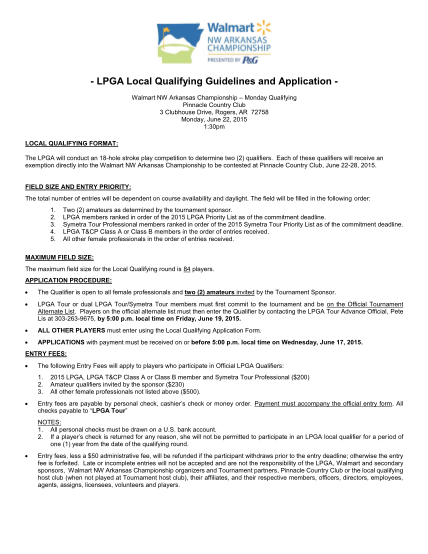 378658730-lpga-local-qualifying-guidelines-and-application-walmart-nw-arkansas-championship-monday-qualifying-pinnacle-country-club-3-clubhouse-drive-rogers-ar-72758-monday-june-22-2015-130pm-local-qualifying-format-the-lpga-will-conduct-an
