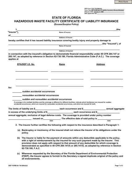 37903250-hazardous-waste-facility-certificate-of-liability-insurance-excesssurplus-policy-62730-forms-waste-management-florida-dep-730-4lpdf-rule-form-dep-state-fl