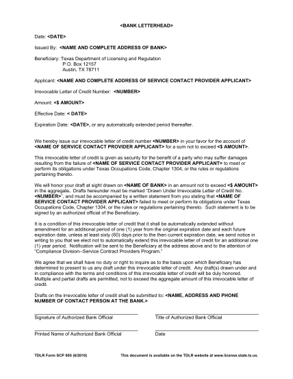 37972593-form-005-scp-sample-letter-of-credit-pdf-texas-department-tdlr-state-tx