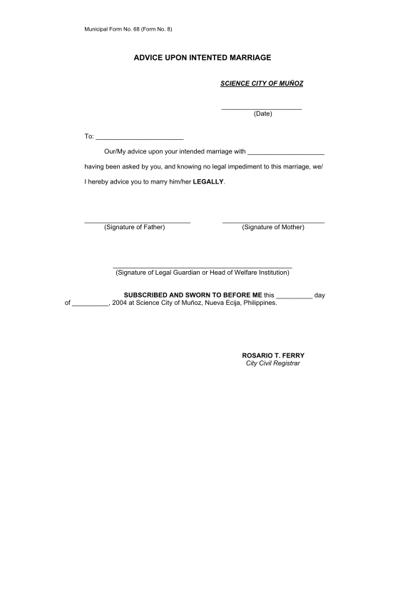 38081108-fillable-municipal-form-no-68-form-no8-advice-upon-intended-marriage