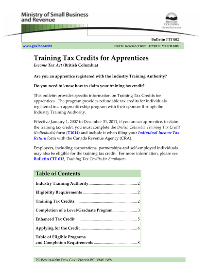 38118633-bulletin-pit-002-training-tax-credits-for-apprentices-the-training-tax-credit-program-provides-refundable-tax-credits-for-salary-and-wages-paid-by-eligible-employers-who-employ-an-eligible-employee-bcit